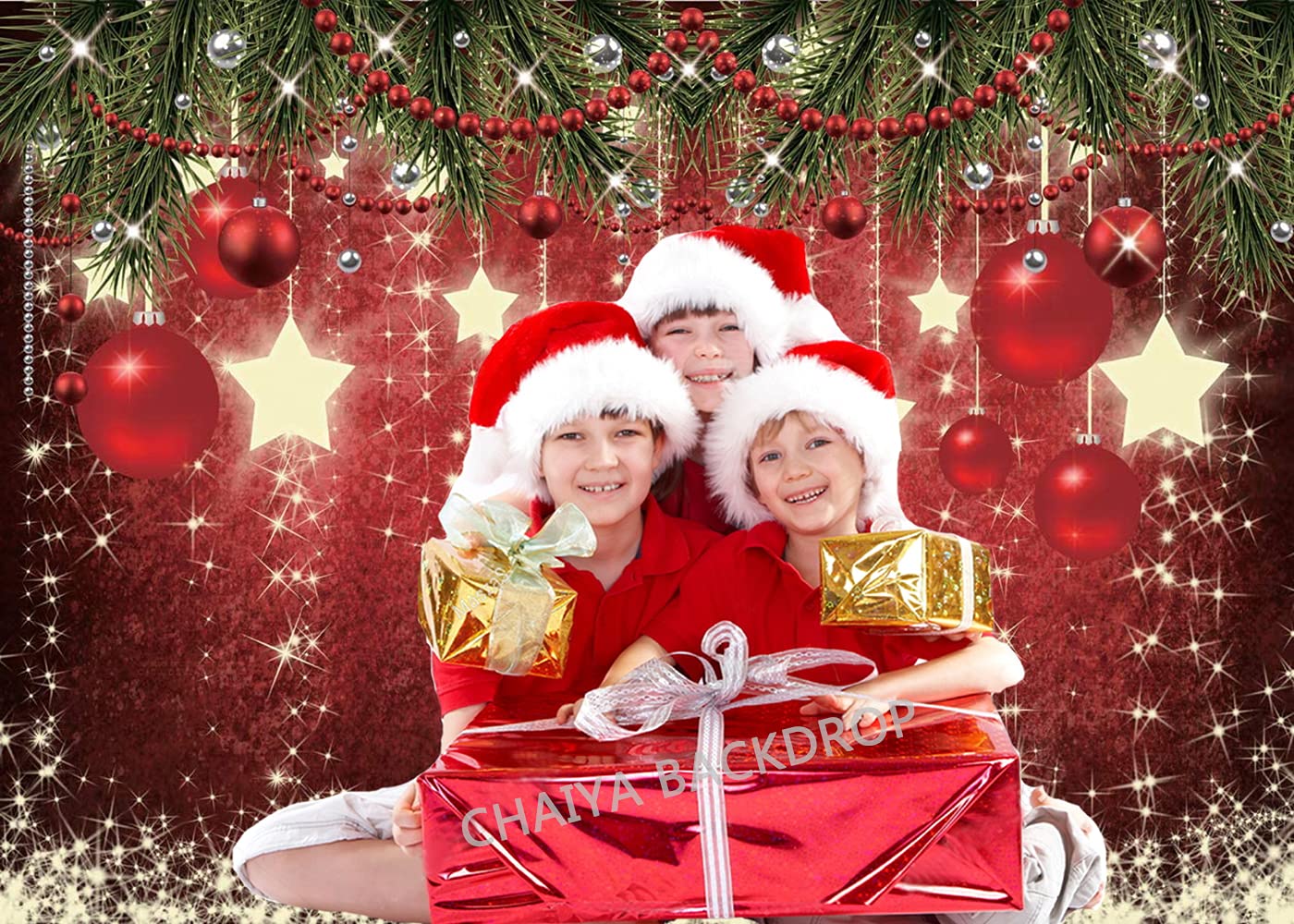 Chaiya 7X5Ft Christmas Red Background Winter Snowflake New Year'S Eve Photography Family Party Shining Stars Background Red Happ